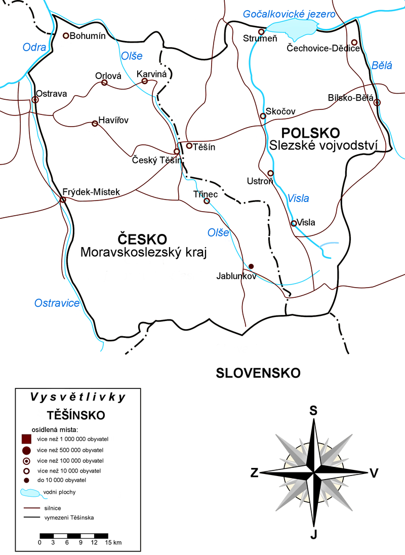 Dnešní mapa rozděleného Těšínského knížectví